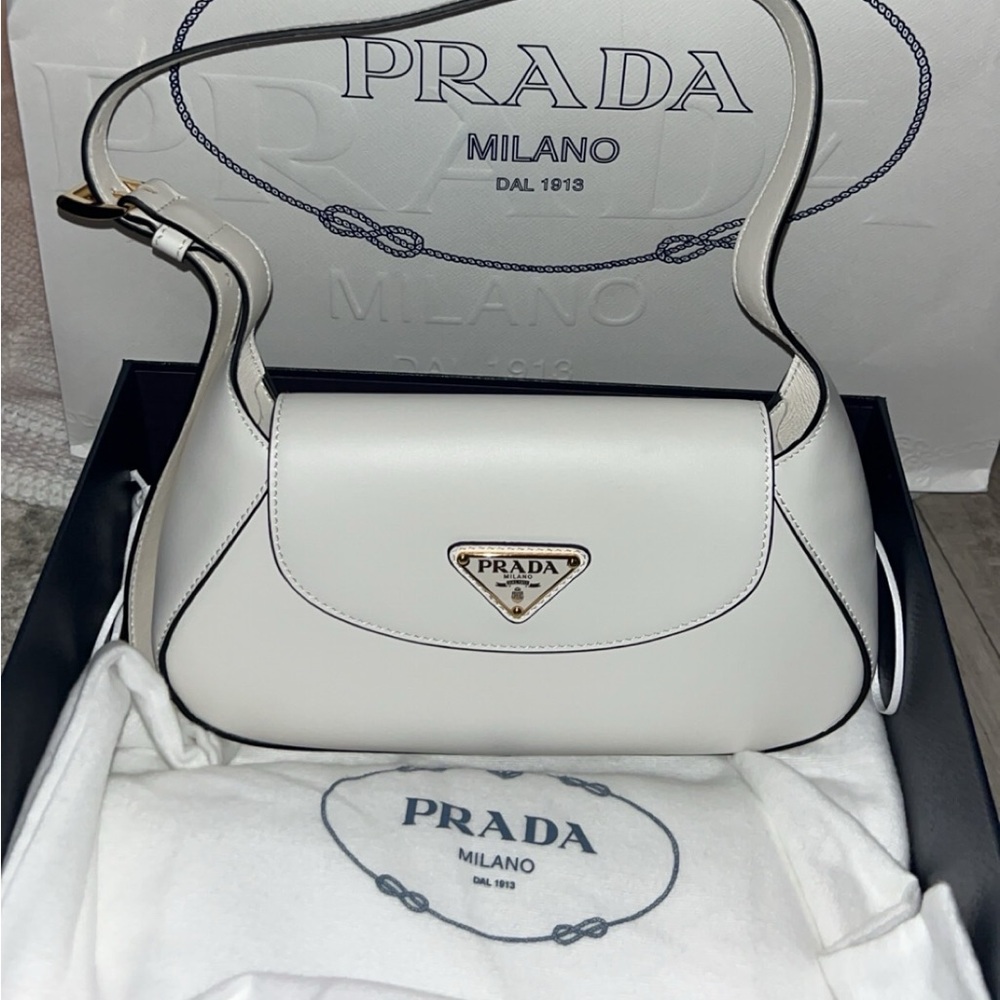 Prada White Leather Shoulder Bag with Flap Design